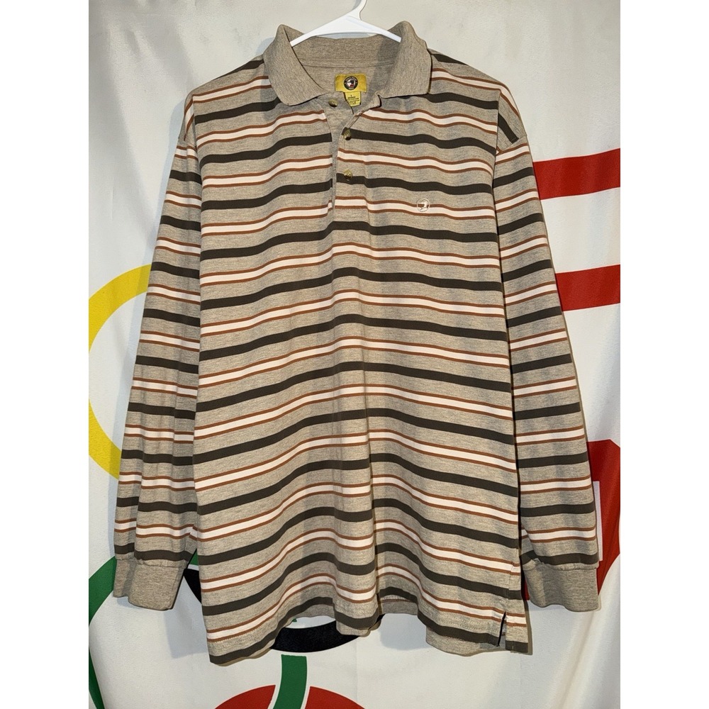 Duck Head Long Sleeve Polo Shirt Mens Large Brown Striped Cotton Gold School